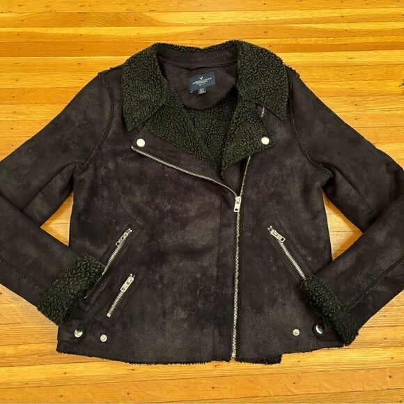American Eagle Faux Suede Textile Moto Jacket Black - Picture 1 of 7